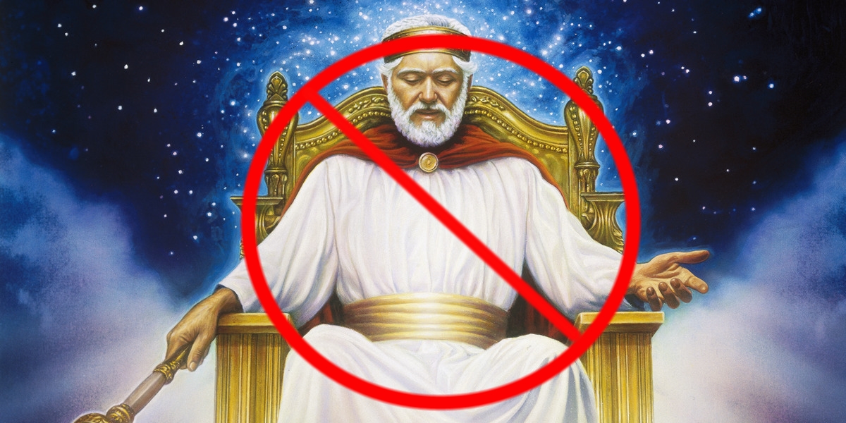 drawing of white male on a throne with red "no" sign imposed over him